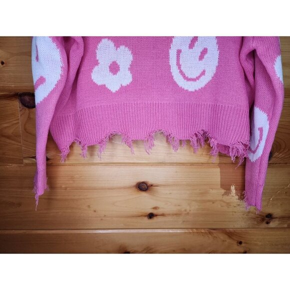 Just Polly Pink Daisy,Smiles Knit Sweater Cropped Raw Distressed Hem Oversized - Picture 6 of 9